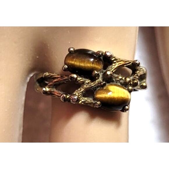 Vtg Womens Uncas Tiger Eye Ring 18KT HGE Brown Gemstone Goldtone Band Size 10 - Picture 1 of 10
